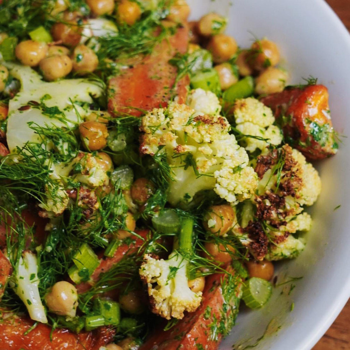 Roast Vegetable, Fennel Top and Chickpea Salad